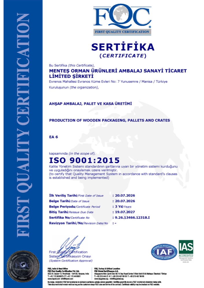 ISO 9001:2015 — Menteş Palet