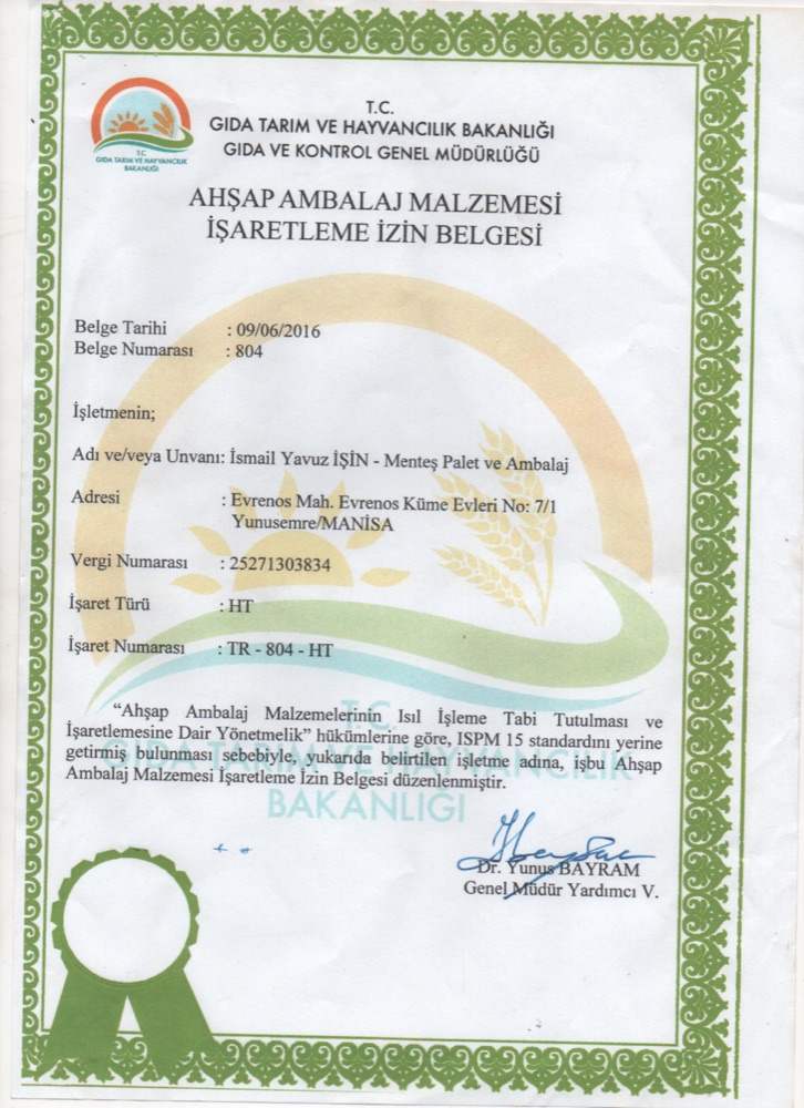 ISPM-15 (HT) İşaretleme İzin Belgesi — Menteş Palet